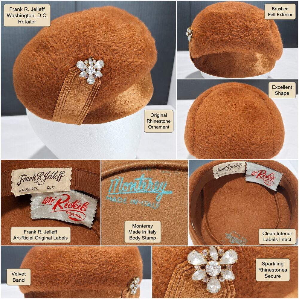 Frank R Jelleff Art-Riciel Original Vintage '50s Tilt Calot Hat Italy Rhinestone